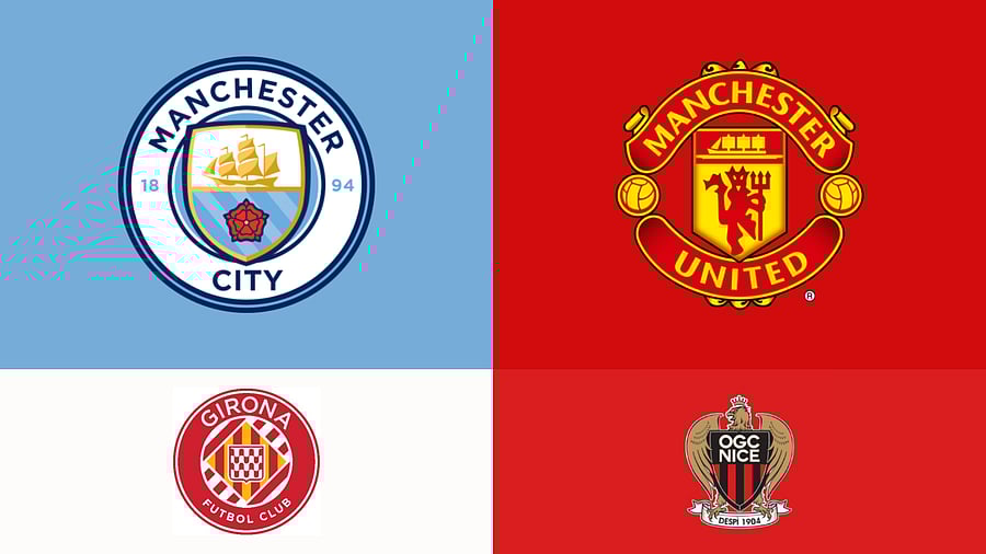 <div class="paragraphs"><p>Logos of Man City(T-L) and Man Utd(T-R) with logos of their sister clubs Girona FC(B-L) and OGC Nice(B-R).</p></div>